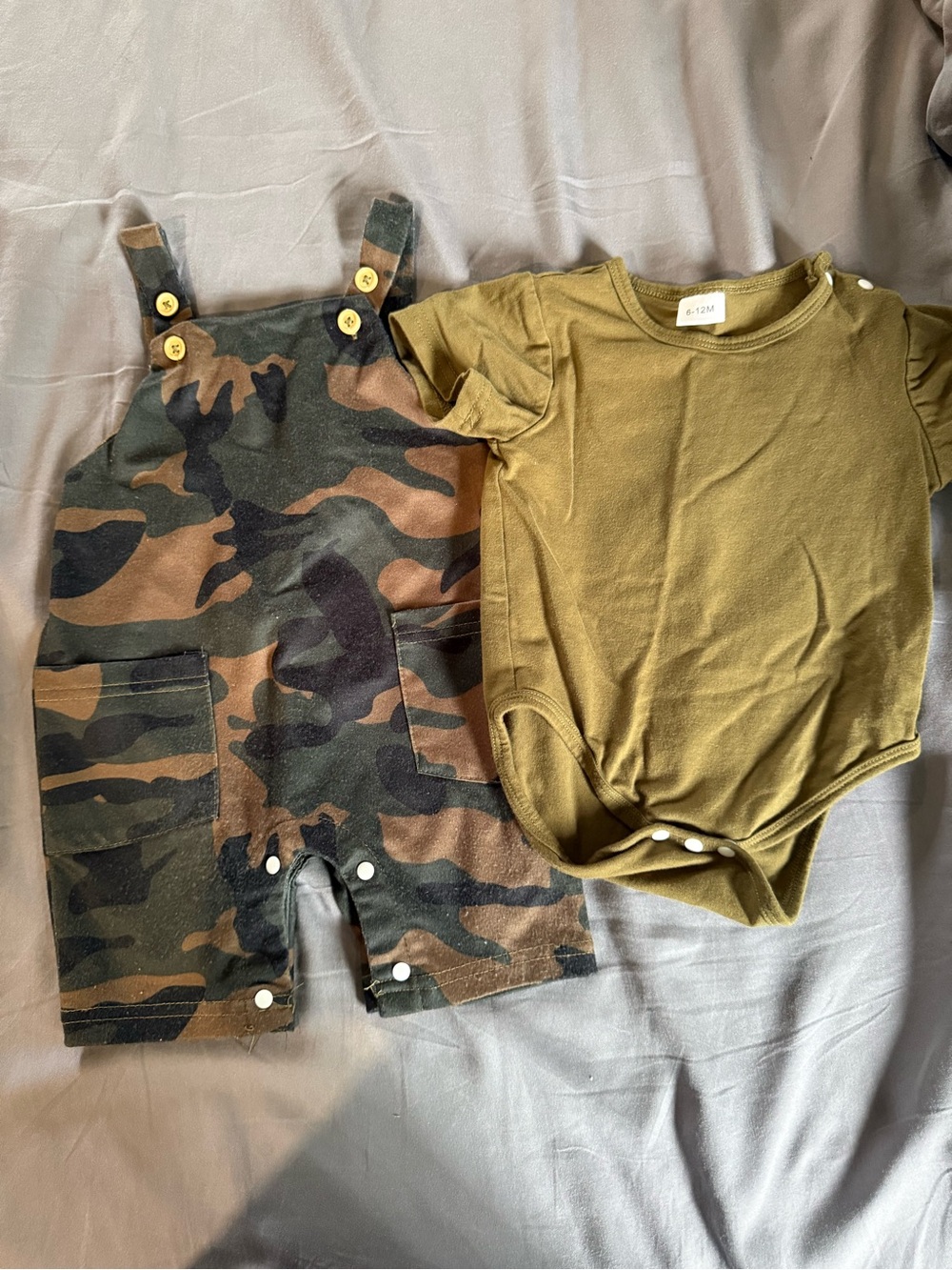 Camo Overalls and Olive Bodysuit Set